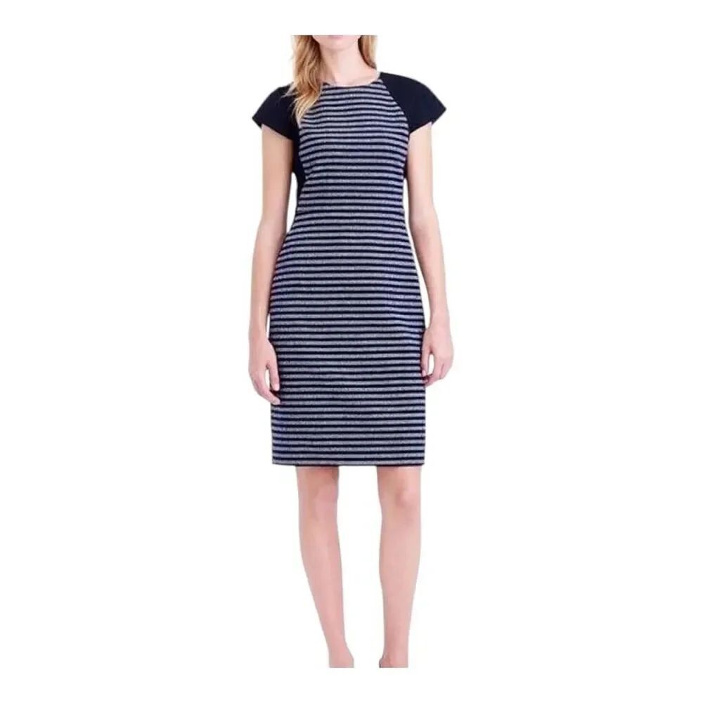J. CREW TWEED Striped Sheath Cap Sleeve Pencil Dress Wool blend Navy Sz 4P NWT